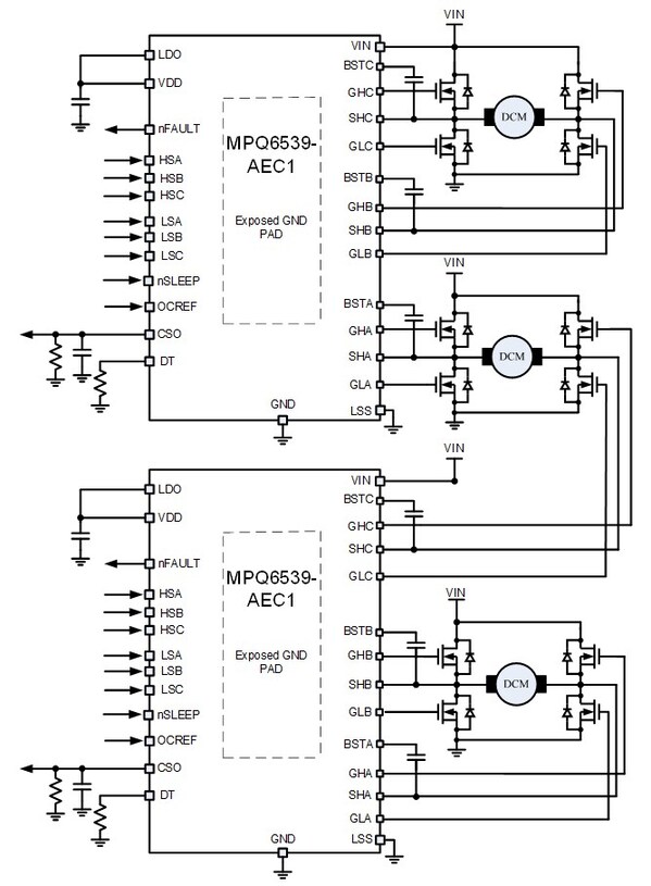 兩個(gè)MPQ6539-AEC1級聯(lián)驅(qū)動三個(gè)BDC典型應(yīng)用圖