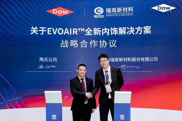 陶氏公司包裝與特種塑料事業(yè)部大中華區(qū)資深銷售總監(jiān)吳昶先生（左）與蘇州瑞高新材料股份有限公司總經理李泓波（右）代表雙方簽署協(xié)議