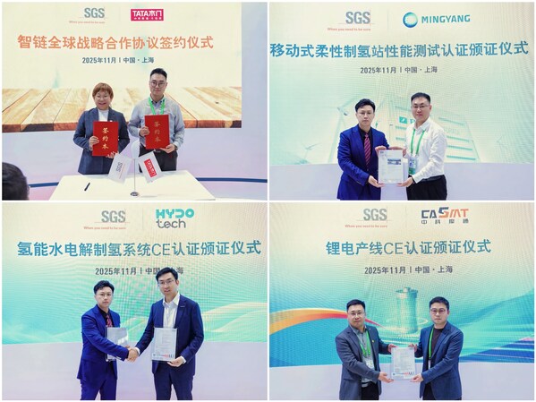 左上：SGS與TATA木門率先簽署智鏈全球戰(zhàn)略合作協(xié)議，右上：SGS為明陽集團(tuán)移動式柔性制氫站出具性能測試認(rèn)證證書，左下：SGS為海德氫能頒發(fā)水電解制氫系統(tǒng)CE認(rèn)證證書，右下：SGS為中科摩通鋰電產(chǎn)線頒發(fā)CE認(rèn)證證書