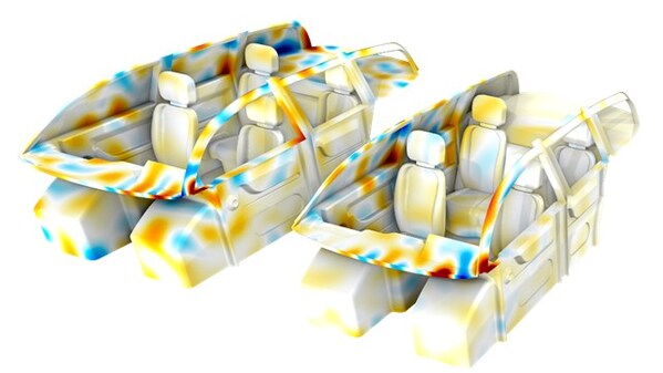 得益于 6.4 版本中的 NVIDIA&reg; GPU 加速技術(shù)，圖中展示的汽車(chē)座艙內(nèi)的聲學(xué)仿真可實(shí)現(xiàn)更快速且更具擴(kuò)展性的分析。