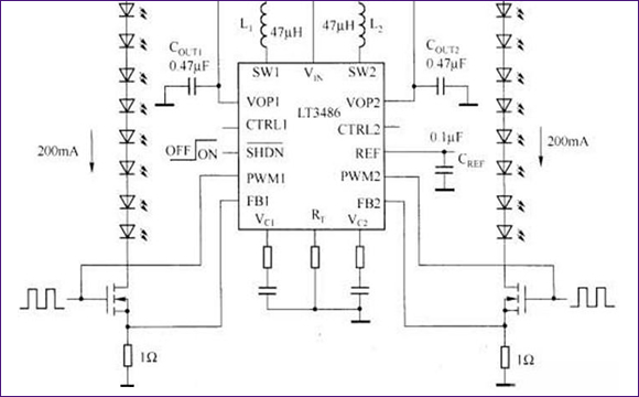 LT3486構(gòu)成的汽車LED驅(qū)動器電路圖 LT3486構(gòu)成的汽車LED驅(qū)動器電路圖